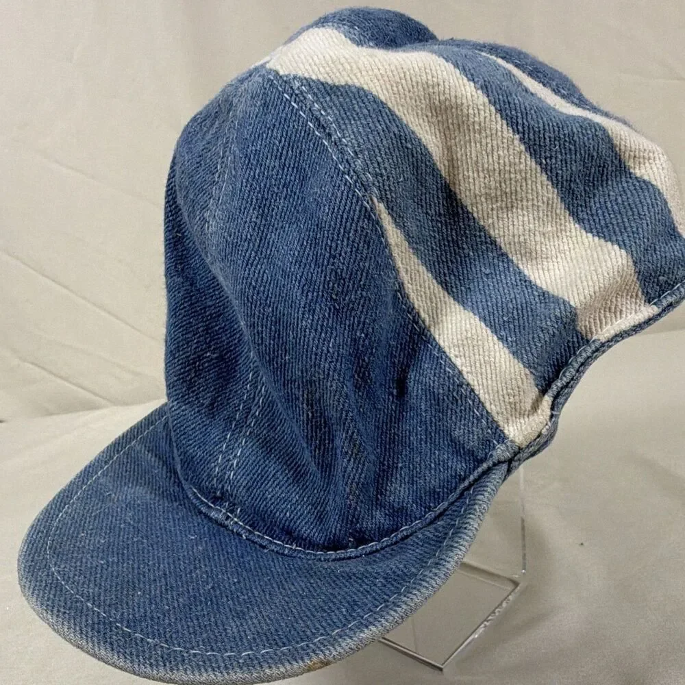 Childrens Blue Denim White Stripe Elastic Back Baseball Hat - Vintage